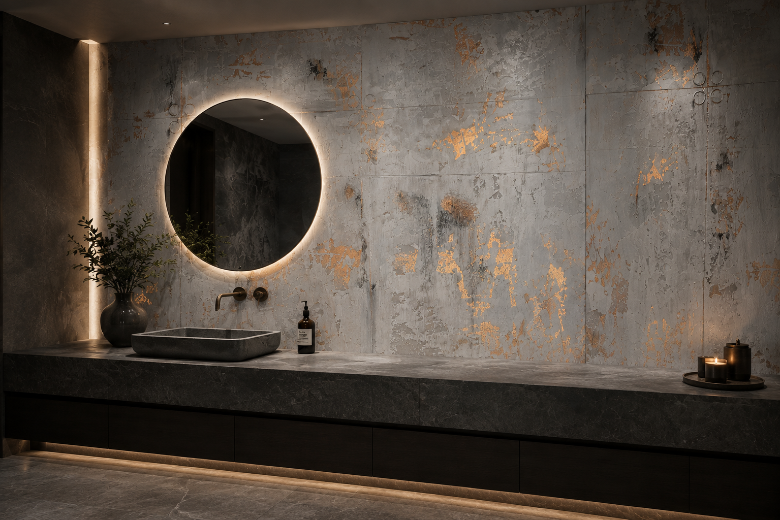 Concrete effect washroom wall with gold leaf detail and backlit round mirror