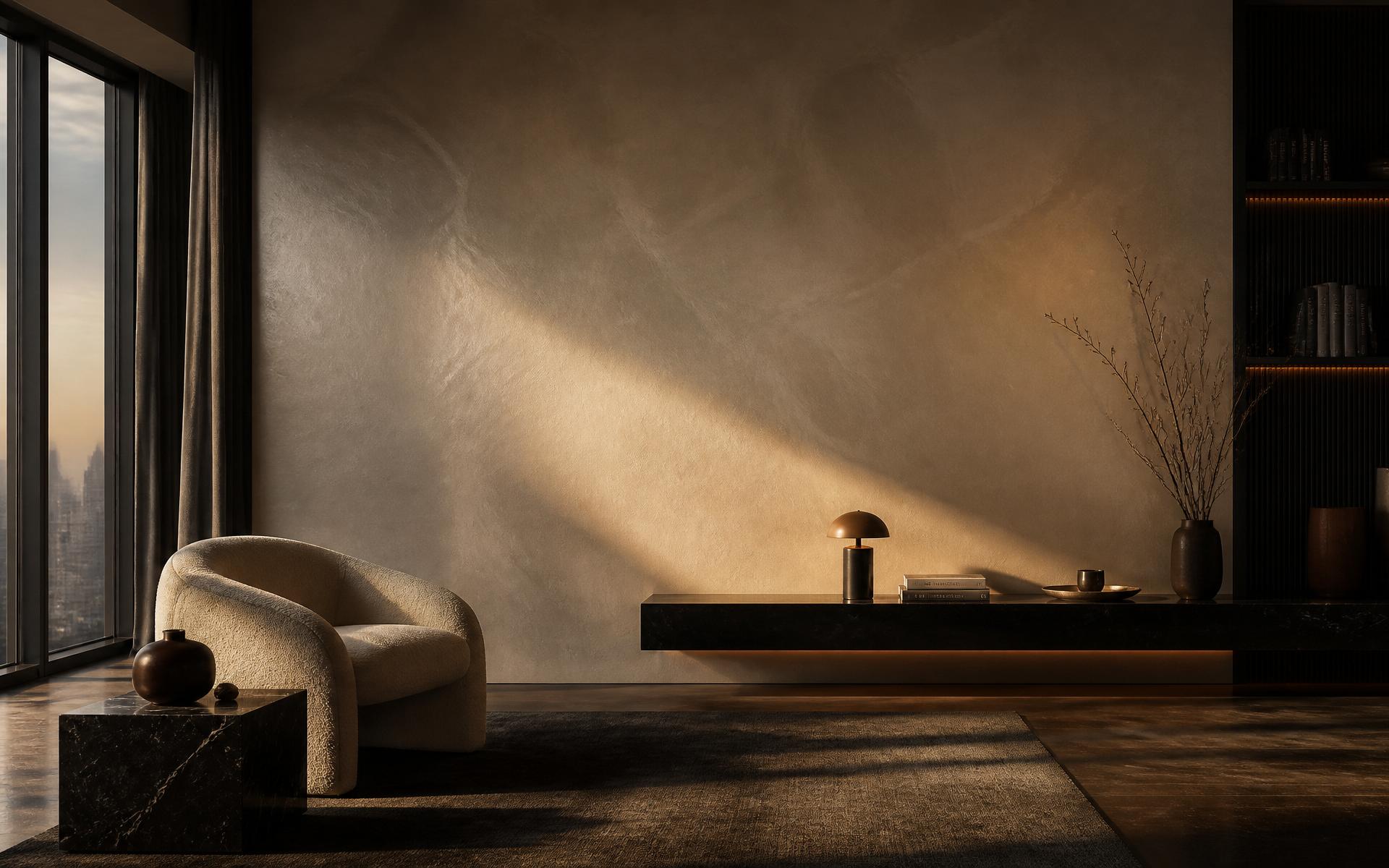 Warm atmospheric interior featuring a hand-finished Venetian plaster wall
